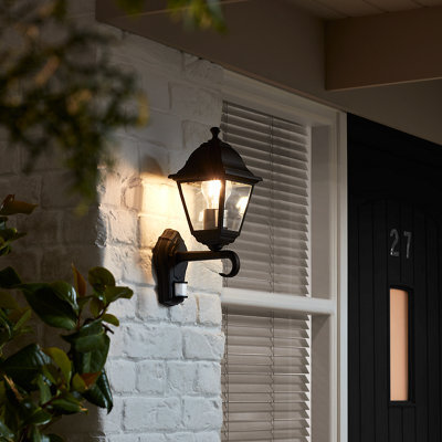 Varennes Fixed Matt Black Pir Motion Sensor Outdoor Lantern Wall Light 60W - image 1