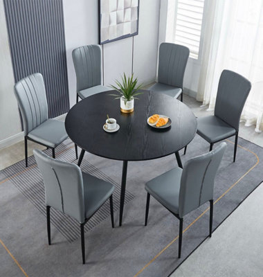 Hallowood Furniture Cullompton Large Black Round Dining Table 120Cm With 6 Light Grey Faux Leather Chairs - image 1