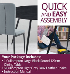 Hallowood Furniture Cullompton Large Black Round Dining Table 120Cm With 6 Light Grey Faux Leather Chairs - thumbnail 7