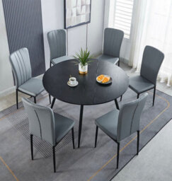 Hallowood Furniture Cullompton Large Black Round Dining Table 120Cm With 6 Light Grey Faux Leather Chairs - thumbnail 1