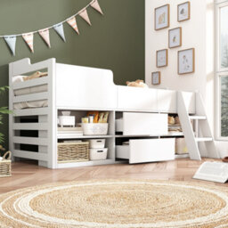 Abrihome Cabin Bed Mid Sleeper Bed Frame Storage Kids Wooden Bed Low Sleeper Bed Single Children's White Wooden Bed Frame Only 90 X 190 Cm - thumbnail 7