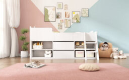 Abrihome Cabin Bed Mid Sleeper Bed Frame Storage Kids Wooden Bed Low Sleeper Bed Single Children's White Wooden Bed Frame Only 90 X 190 Cm - thumbnail 8