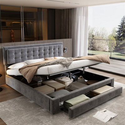 Abrihome King Size Bed-5Ft(150X200Cm), Velvet Fabric, Large Storage Space, With Slats And Headboard, Without Mattress,grey - image 1
