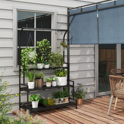 Outsunny 3 Tiered Plant Rack Stand With Hanging Hooks For Indoor Outdoor Use - image 1
