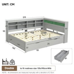 Btm 4Ft6 Double Daybed With 2 Storage Drawers And Charging Station, Led Wood Bed, Grey, 135 X 190Cm - thumbnail 9