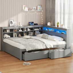 Btm 4Ft6 Double Daybed With 2 Storage Drawers And Charging Station, Led Wood Bed, Grey, 135 X 190Cm - thumbnail 2