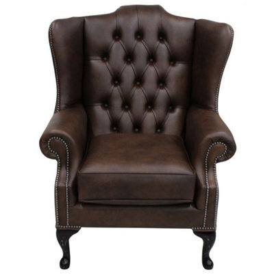 Chesterfield High Back Wing Chair Washington Chestnut Leather In Mallory Style - image 1
