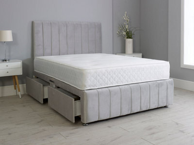 Comfy Deluxe 5Ft King Panel Silver Plush Divan Bed Set Headboard & Footboard 4 Drawers - image 1