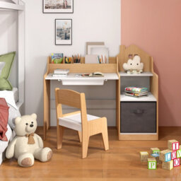 Costway Kids Study Desk And Chair Set Children Study Table W/ Open Shelves-Natural - thumbnail 5