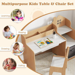 Costway Kids Study Desk And Chair Set Children Study Table W/ Open Shelves-Natural - thumbnail 7