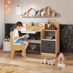 Costway Kids Study Desk And Chair Set Children Study Table W/ Open Shelves-Natural - thumbnail 4