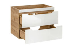 Impact Furniture Wall Hung Bathroom Cabinets Furniture Set 800M Vanity Unit With Sink And Tall Slim Cabinet White Gloss Oak Arub - thumbnail 3