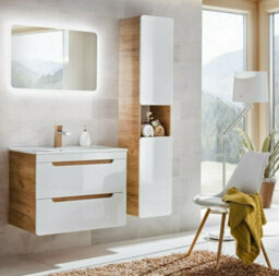 Impact Furniture Wall Hung Bathroom Cabinets Furniture Set 800M Vanity Unit With Sink And Tall Slim Cabinet White Gloss Oak Arub - thumbnail 1