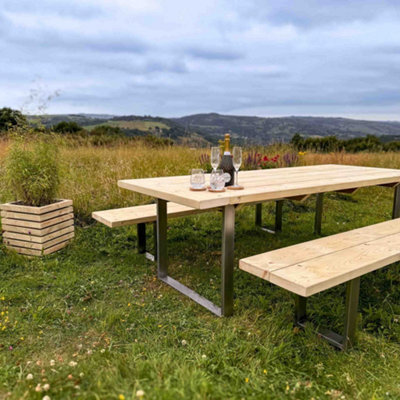 Timber Foundry Rustic Wooden Garden Table With Steel Box Legs 10-12 Seater Table Only Hole For Parasol - image 1