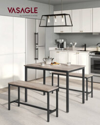 LEDREM Dining Table With 2 Benches, 3 Piece Set, Kitchen Table Of 70 X 110 X 75 Cm, 2 Benches Of 30 X 97 X 50 Cm Each, Steel Frame - thumbnail 3
