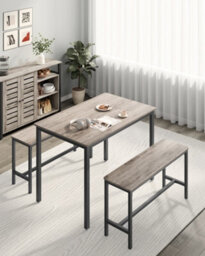 LEDREM Dining Table With 2 Benches, 3 Piece Set, Kitchen Table Of 70 X 110 X 75 Cm, 2 Benches Of 30 X 97 X 50 Cm Each, Steel Frame - thumbnail 4