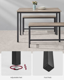 LEDREM Dining Table With 2 Benches, 3 Piece Set, Kitchen Table Of 70 X 110 X 75 Cm, 2 Benches Of 30 X 97 X 50 Cm Each, Steel Frame - thumbnail 7