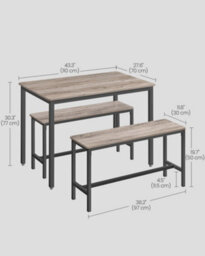 LEDREM Dining Table With 2 Benches, 3 Piece Set, Kitchen Table Of 70 X 110 X 75 Cm, 2 Benches Of 30 X 97 X 50 Cm Each, Steel Frame - thumbnail 5