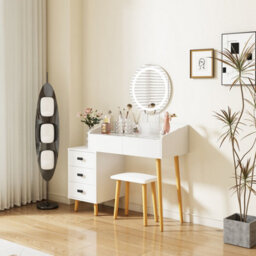 Home Source Nova 4 Drawer Led Mirror White Dressing Table & Stool Set - thumbnail 1