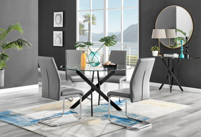 Furniturebox Uk Novara Black Leg 120Cm Round Glass Dining Table & 4 Grey Lorenzo Chairs - image 1