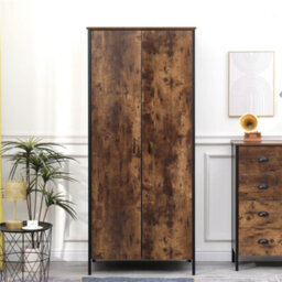 Furniturehmd 2 Doors Wardrobe Industrial Style Wooden Clothing Storage Cabinet Hanging Rail  And Shelf - thumbnail 1