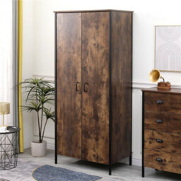 Furniturehmd 2 Doors Wardrobe Industrial Style Wooden Clothing Storage Cabinet Hanging Rail  And Shelf - thumbnail 2