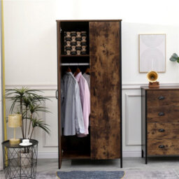Furniturehmd 2 Doors Wardrobe Industrial Style Wooden Clothing Storage Cabinet Hanging Rail  And Shelf - thumbnail 3