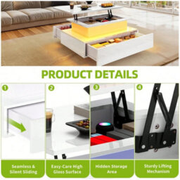 White High Gloss Led Lift Top Rectangle Wooden Coffee Table - thumbnail 4