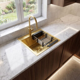 Stainless Steel Kitchen Sink Rea Leo 40 + 3 Beige Accessories Brush Gold - thumbnail 2