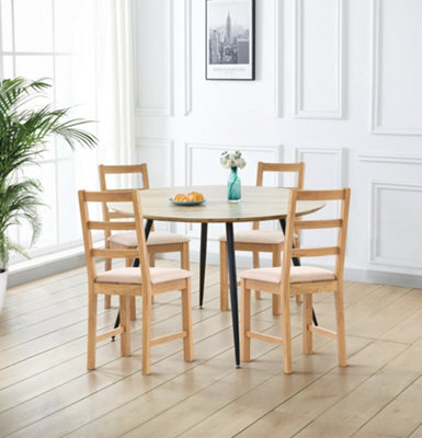 Hallowood Furniture Cullompton Large Oak Effect Round Dining Table With 4 Ladder Back Oak Chairs, Beige Seats - image 1