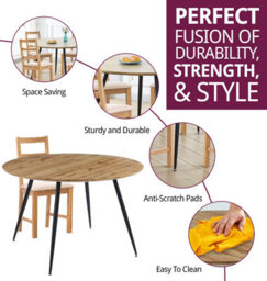 Hallowood Furniture Cullompton Large Oak Effect Round Dining Table With 4 Ladder Back Oak Chairs, Beige Seats - thumbnail 2