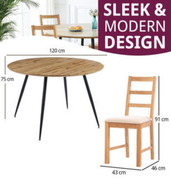 Hallowood Furniture Cullompton Large Oak Effect Round Dining Table With 4 Ladder Back Oak Chairs, Beige Seats - thumbnail 3