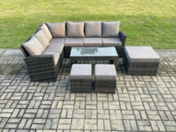 Fimous 9 Seat Rattan Garden Furniture Corner Sofa Set Outdoor Patio Sofa Table Set With 3 Footstools Dark Grey Mixed - thumbnail 2