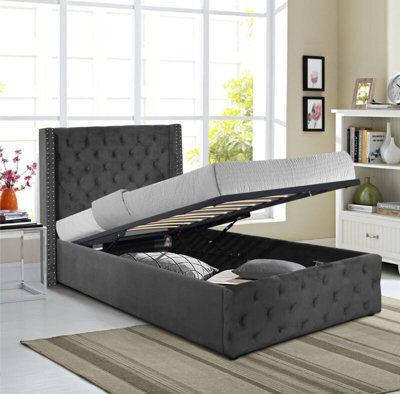 Comfy Living 3Ft Winged Plush Velvet Ottoman Gas Lift Storage Bed In Dark Grey