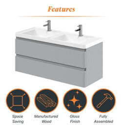 Plum&clay Marvel Gloss Light Grey Wall Hung Bathroom Vanity Unit With Resin Basin (W)1200mm - thumbnail 5