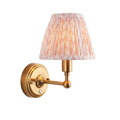Luminosa Lighting Luminosa Burley Rechargeable Brushed Aged Brass Plate Wall Light With Peachy Keen Fabric Leaf Shade 16Cm Integrated Led - image 1