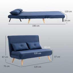 Homcom Click Clack Sofa Bed, 2 Seater Bed Settee For Living Room, Dark Blue - thumbnail 3
