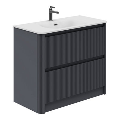Plum&clay Isla Ribbed Fluted Grey 2 Drawer Freestanding Bathroom Vanity Unit & White Basin Set (W)1000mm - image 1