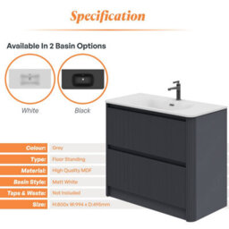 Plum&clay Isla Ribbed Fluted Grey 2 Drawer Freestanding Bathroom Vanity Unit & White Basin Set (W)1000mm - thumbnail 5