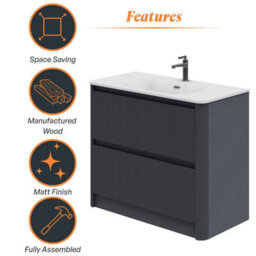 Plum&clay Isla Ribbed Fluted Grey 2 Drawer Freestanding Bathroom Vanity Unit & White Basin Set (W)1000mm - thumbnail 6