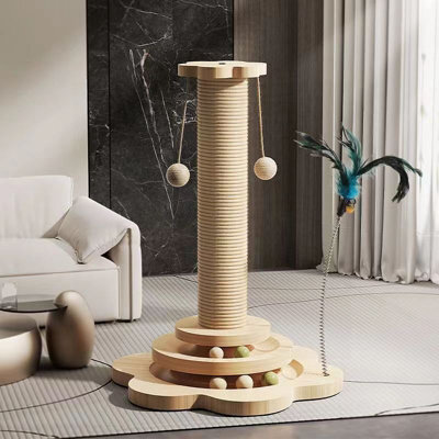 Amorly 40Cm Tall Cat Play Post, 2Tier Wooden Ball Track Cat Toy With Hanging Balls & Feather Toy, Interactive Indoor Activity Tower - image 1