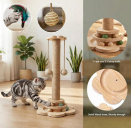 Amorly 40Cm Tall Cat Play Post, 2Tier Wooden Ball Track Cat Toy With Hanging Balls & Feather Toy, Interactive Indoor Activity Tower - thumbnail 3