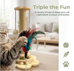 Amorly 40Cm Tall Cat Play Post, 2Tier Wooden Ball Track Cat Toy With Hanging Balls & Feather Toy, Interactive Indoor Activity Tower - thumbnail 6