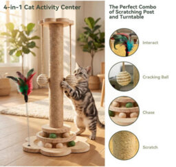 Amorly 40Cm Tall Cat Play Post, 2Tier Wooden Ball Track Cat Toy With Hanging Balls & Feather Toy, Interactive Indoor Activity Tower - thumbnail 2