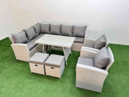 Fimous Garden Outdoor Rattan Furniture Set Rattan Corner Sofa Oblong Dining Table With 2 Armchairs 2 Small Footstools 10 Seater - thumbnail 1