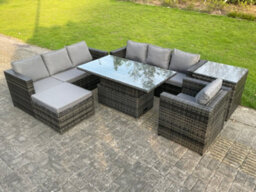 Fimous 8 Seater Outdoor Rattan Sofa Set Adjustable Rising Lifting Side Tables Chairs Footstool Dark Grey Mixed - thumbnail 2