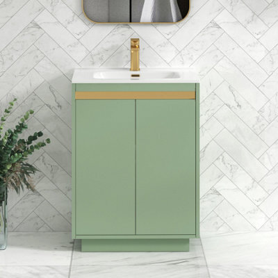 Royal Bathrooms Orion 600mm Mint Sage 2 Door Floor Standing Vanity Unit With Ceramic Basin & Brushed Brass Strip - image 1