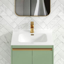 Royal Bathrooms Orion 600mm Mint Sage 2 Door Floor Standing Vanity Unit With Ceramic Basin & Brushed Brass Strip - thumbnail 5
