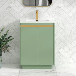 Royal Bathrooms Orion 600mm Mint Sage 2 Door Floor Standing Vanity Unit With Ceramic Basin & Brushed Brass Strip - thumbnail 1
