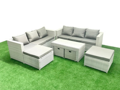 Fimous Rattan Garden Furniture Set Outdoor Lounger Sofa Coffee Table 4 Stools Light Grey 10 Seater - image 1